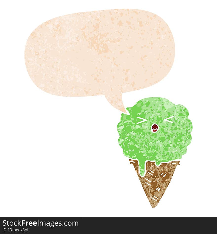 cartoon ice cream and speech bubble in retro textured style