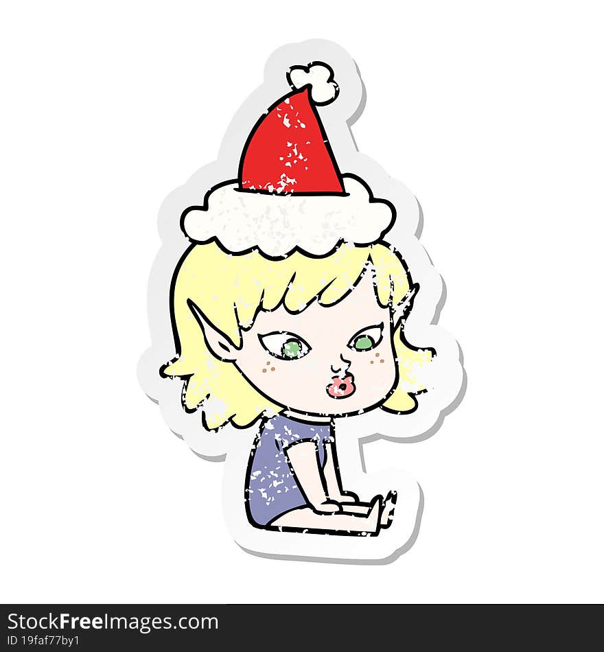 pretty distressed sticker cartoon of a elf girl wearing santa hat