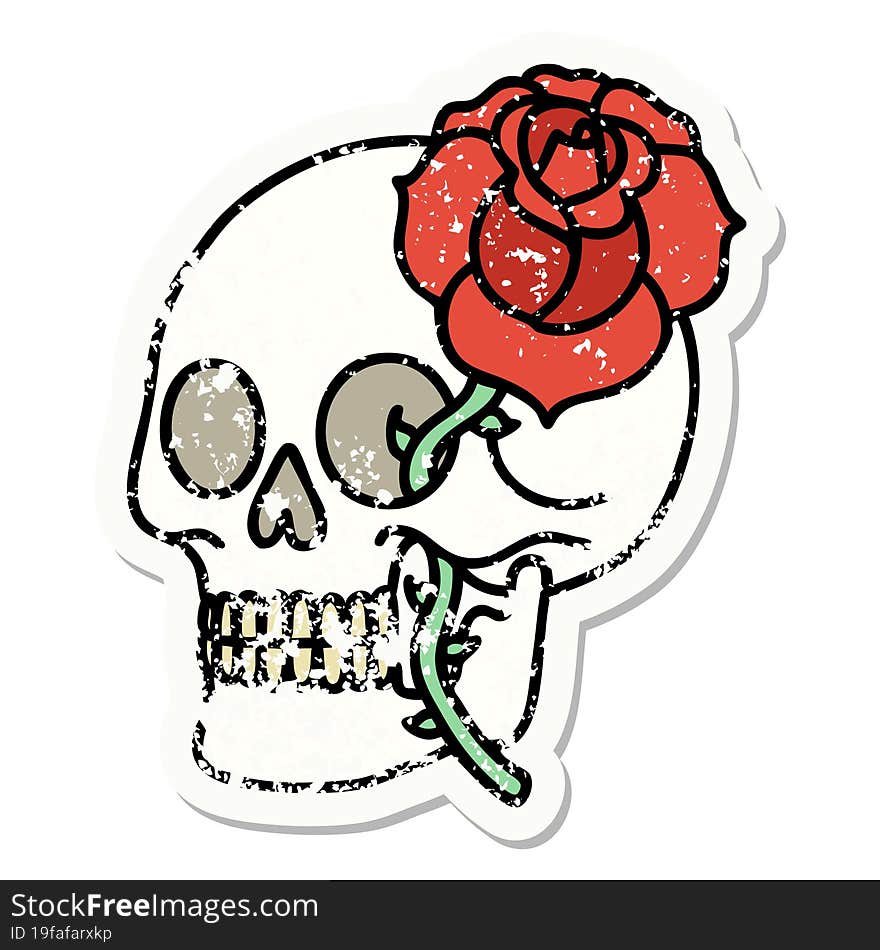 traditional distressed sticker tattoo of a skull and rose