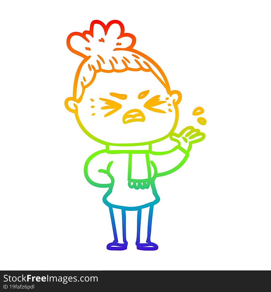 rainbow gradient line drawing of a cartoon angry woman