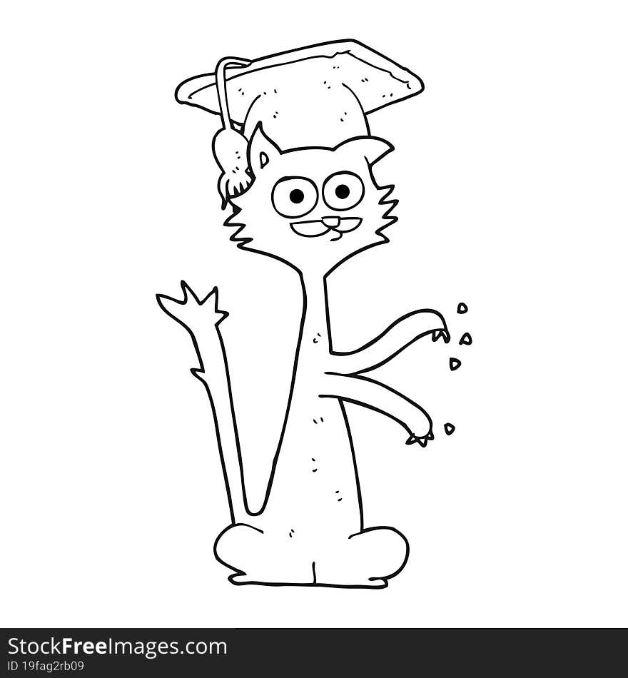 black and white cartoon cat with graduation cap