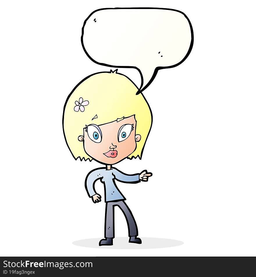 cartoon pretty woman pointing with speech bubble