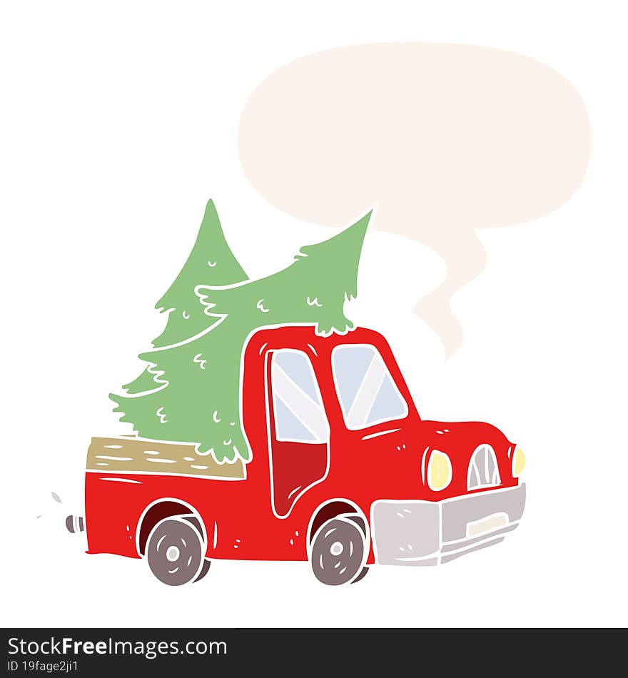 cartoon pickup truck carrying christmas trees and speech bubble in retro style