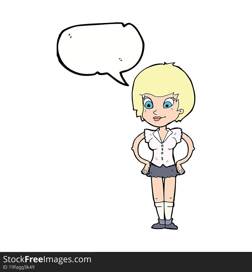 cartoon pretty woman with hands on hips with speech bubble