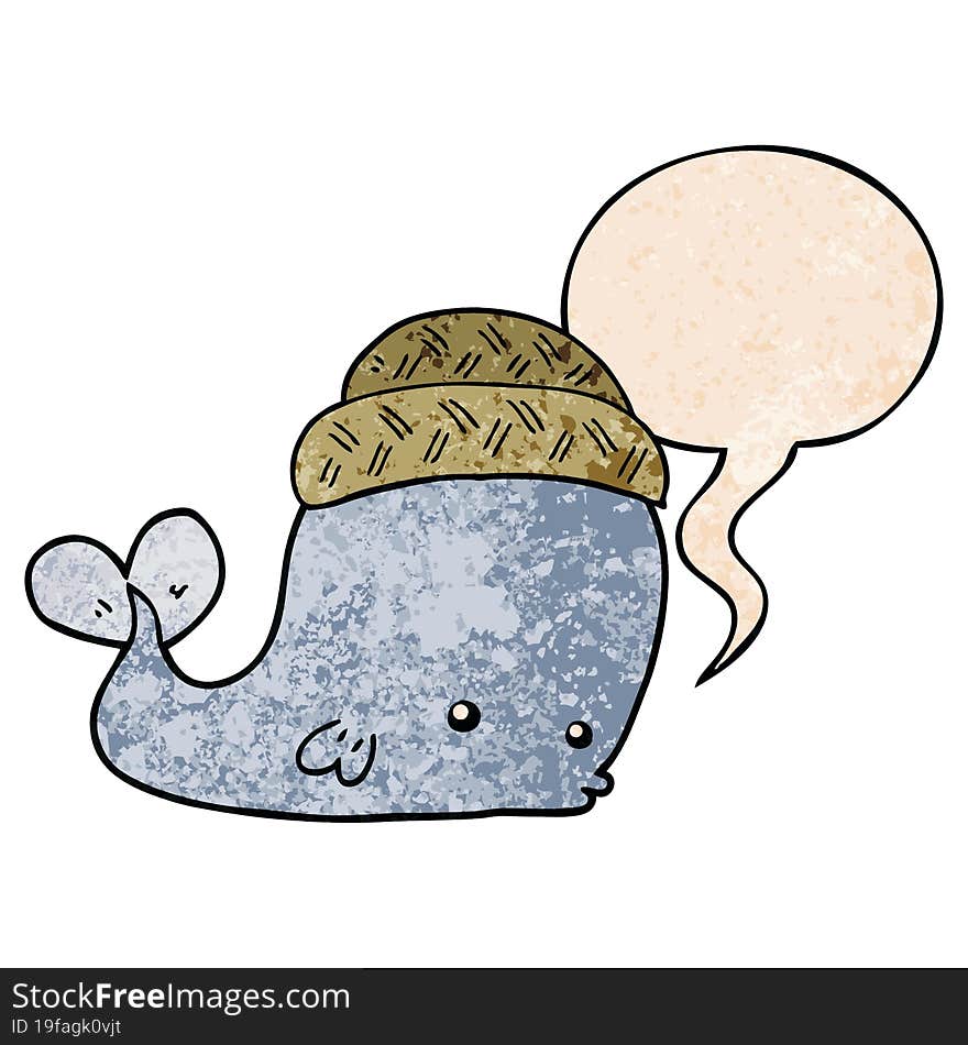 cartoon whale wearing hat and speech bubble in retro texture style