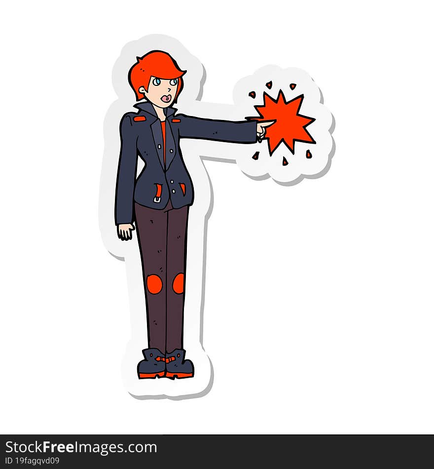 sticker of a cartoon biker woman pointing