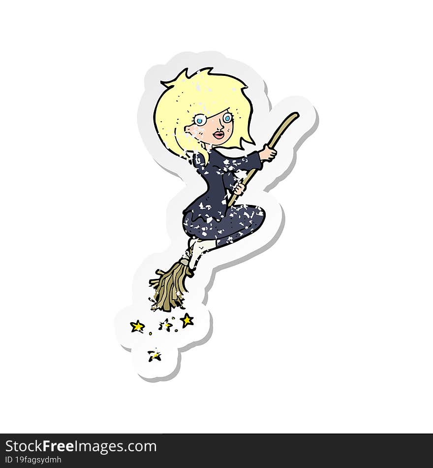 retro distressed sticker of a cartoon witch riding broomstick