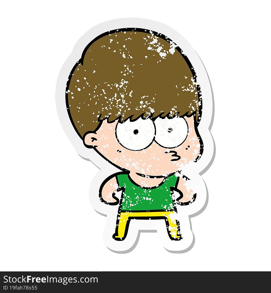 distressed sticker of a curious cartoon boy