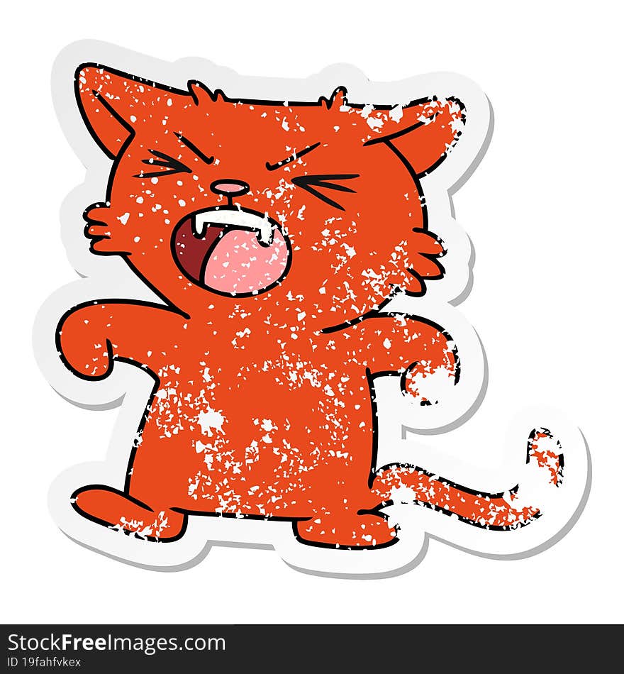 Distressed Sticker Cartoon Doodle Of A Screeching Cat