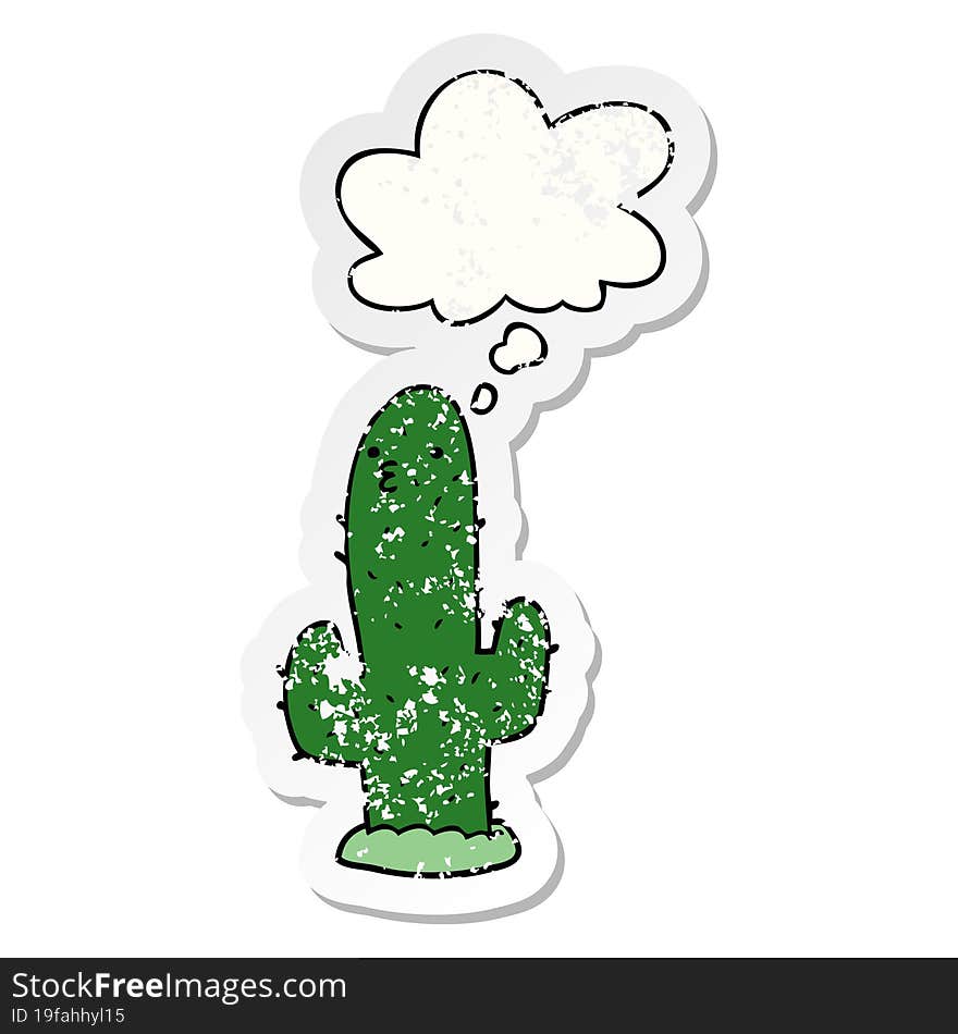 cartoon cactus and thought bubble as a distressed worn sticker