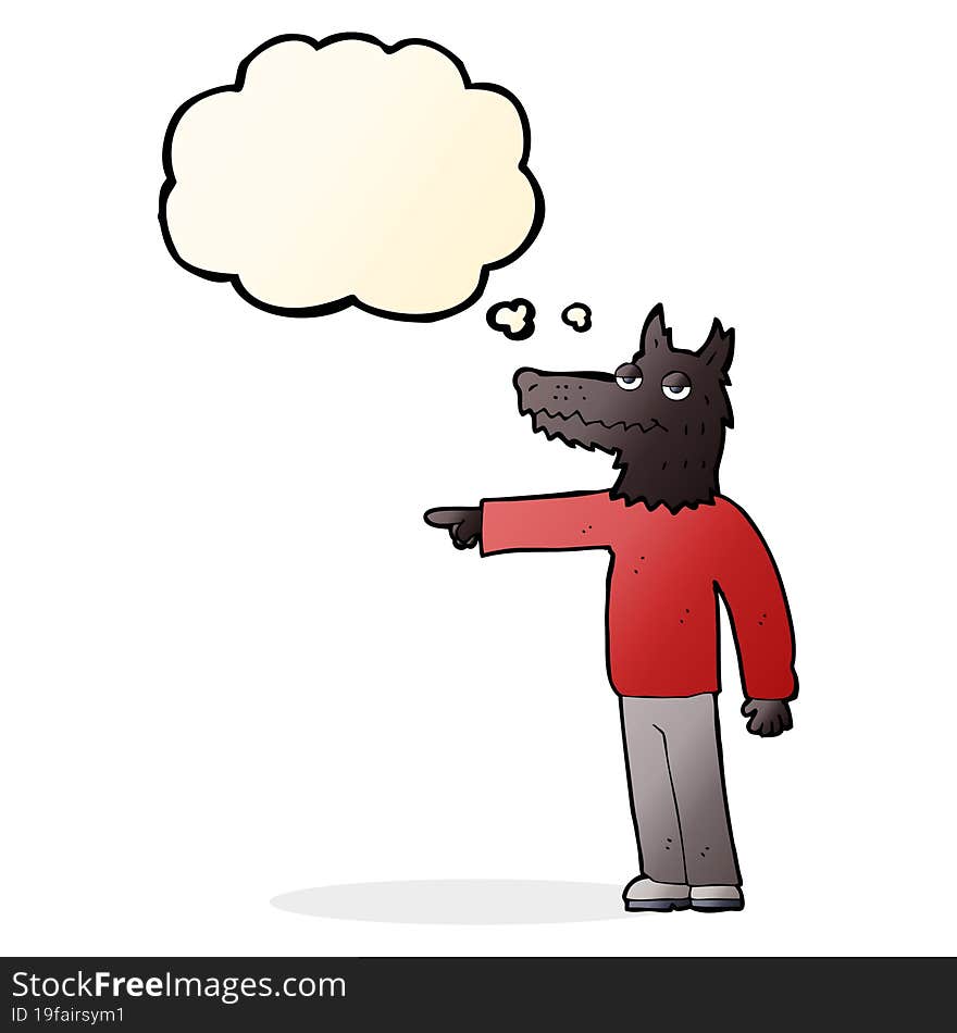 Cartoon Wolf Man Pointing With Thought Bubble