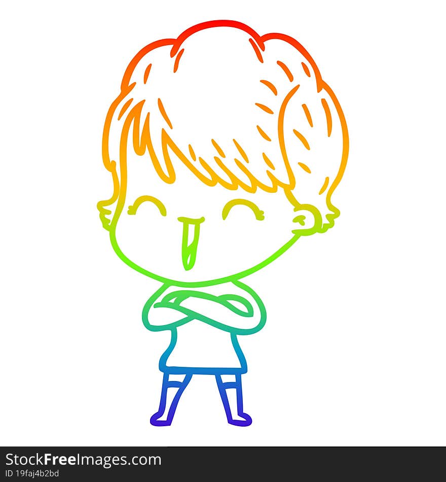 rainbow gradient line drawing of a cartoon laughing woman