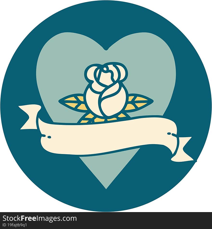 tattoo style icon of a heart rose and banner