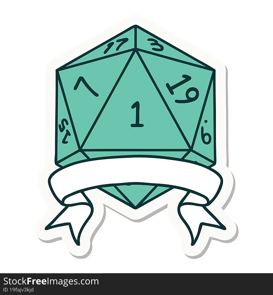 sticker of a natural one d20 dice roll. sticker of a natural one d20 dice roll