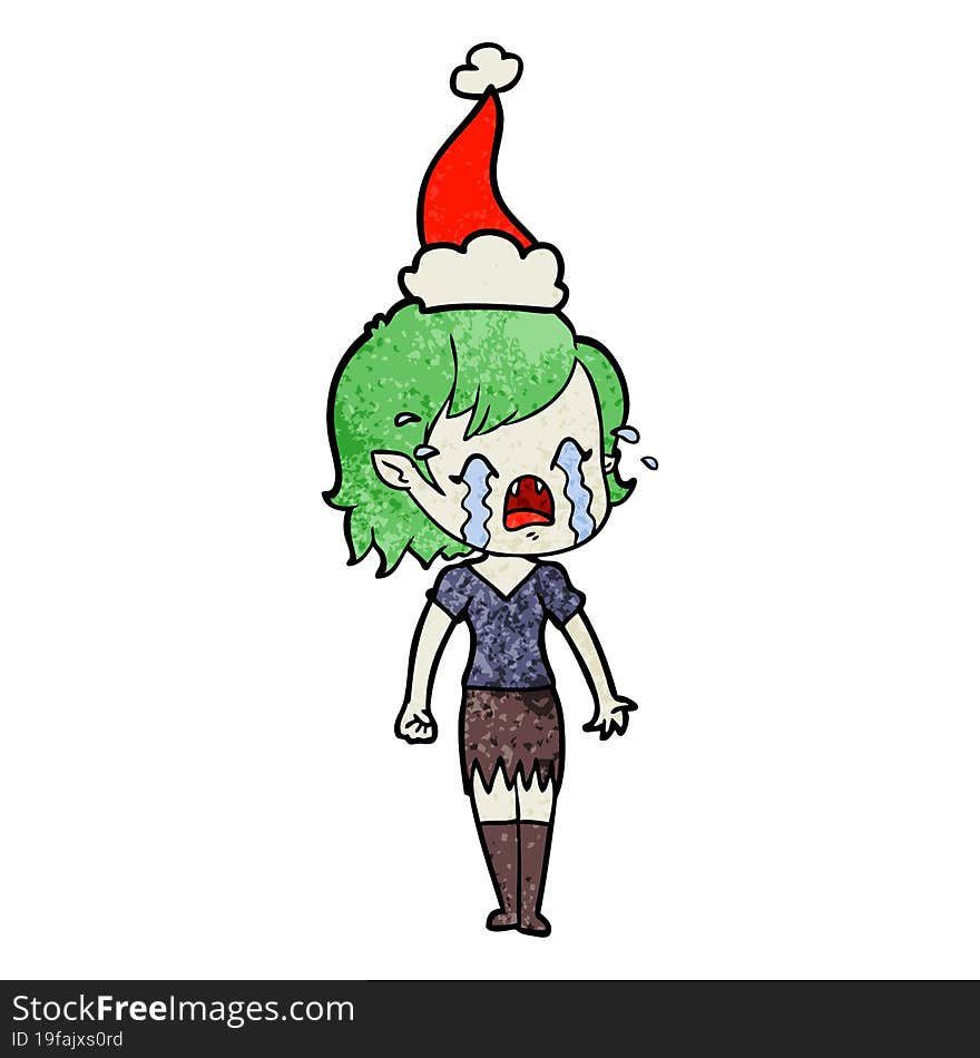 textured cartoon of a crying vampire girl wearing santa hat