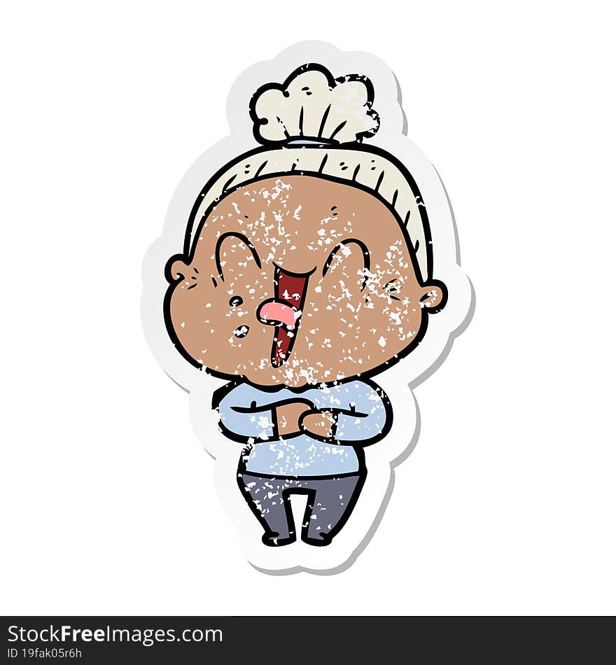 distressed sticker of a cartoon happy old woman