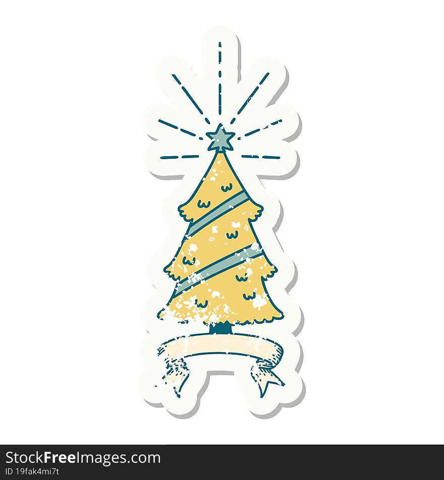 grunge sticker of tattoo style christmas tree with star