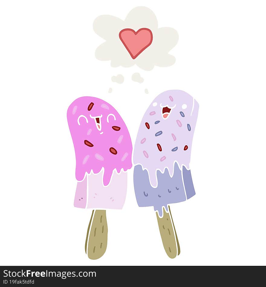 cartoon ice lolly in love with thought bubble in retro style