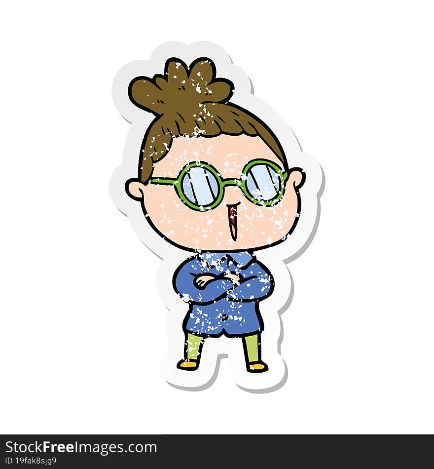 distressed sticker of a cartoon woman wearing spectacles