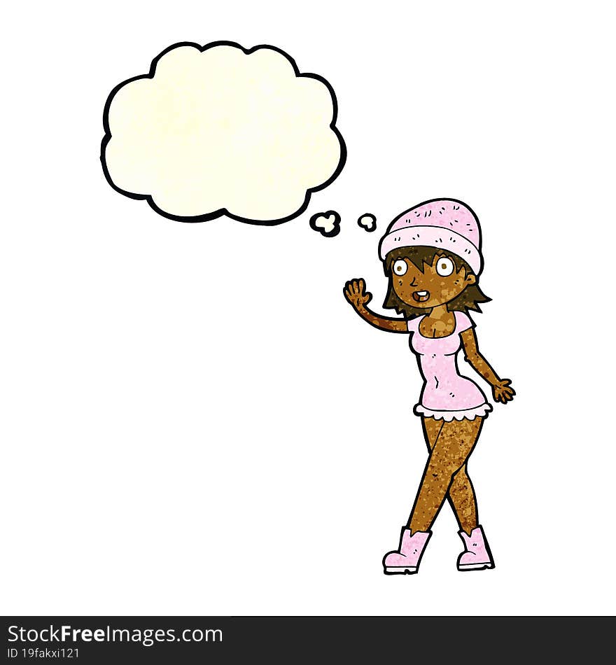 cartoon pretty girl in hat waving with thought bubble