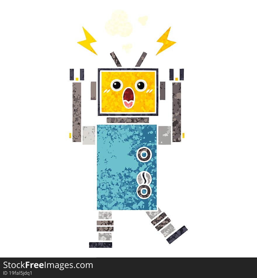 retro illustration style cartoon malfunctioning robot