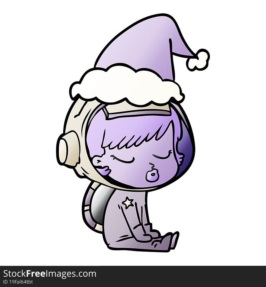 gradient cartoon of a pretty astronaut girl sitting waiting wearing santa hat