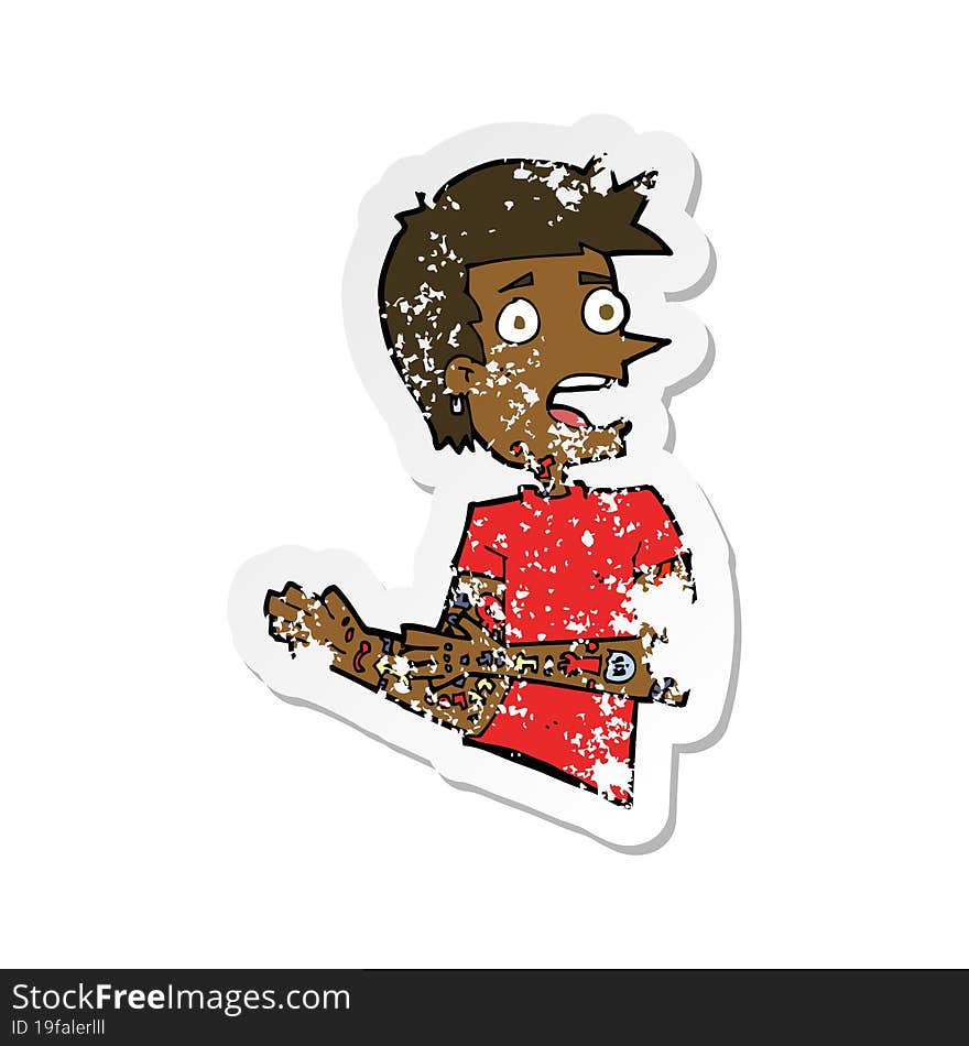 retro distressed sticker of a cartoon man with tattoos