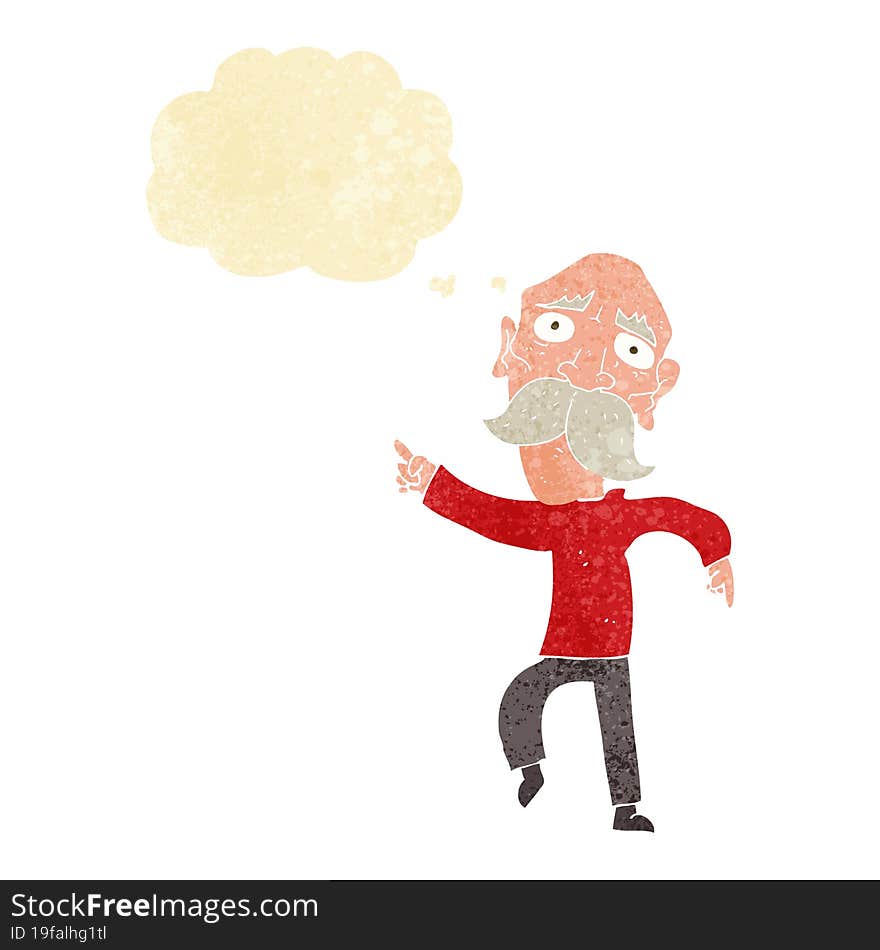 cartoon sad old man pointing with thought bubble