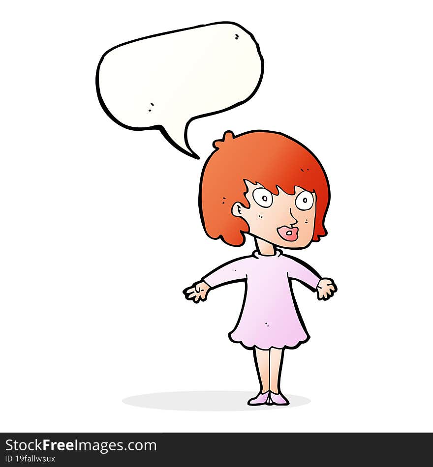 cartoon woman wearing dress with speech bubble