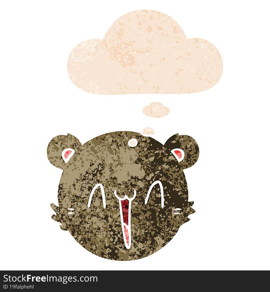 cute cartoon teddy bear face and thought bubble in retro textured style