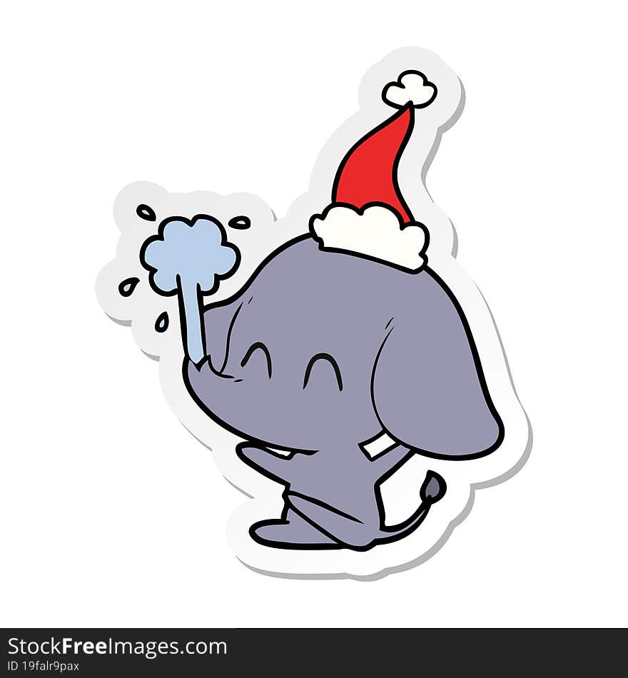 cute hand drawn sticker cartoon of a elephant spouting water wearing santa hat