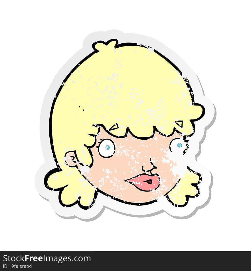 retro distressed sticker of a cartoon female face with surprised expression