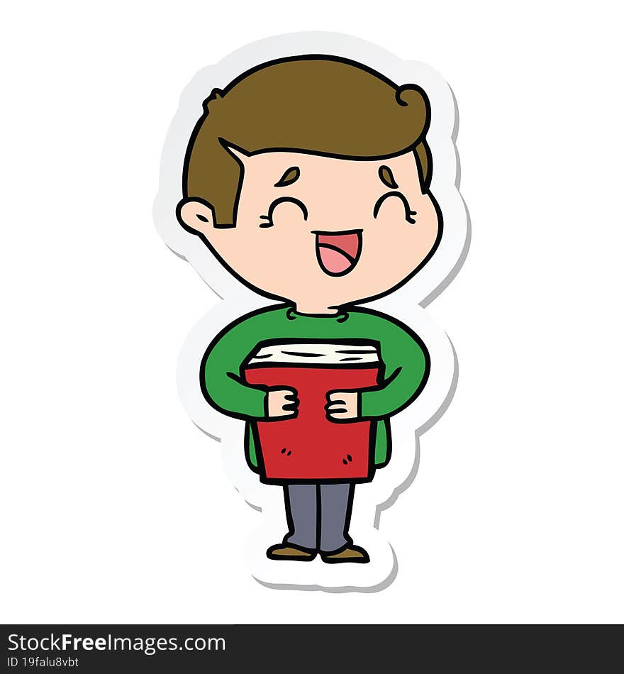 Sticker Of A Cartoon Laughing Man Holding Book