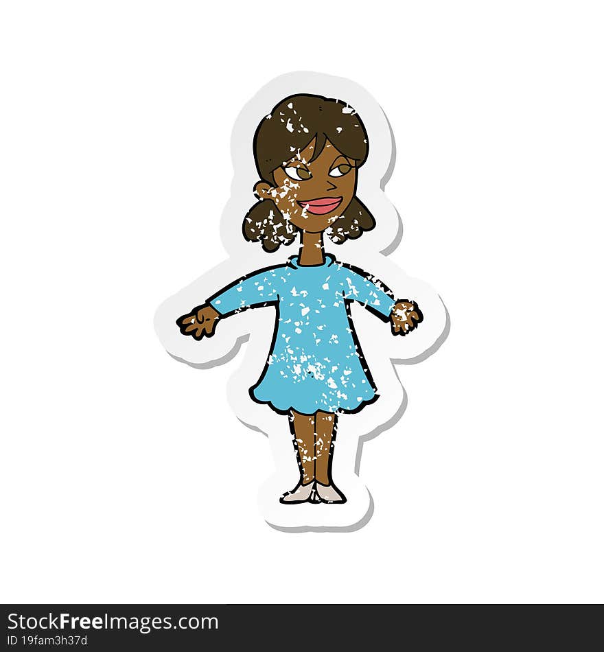 Retro Distressed Sticker Of A Cartoon Woman With Open Arms