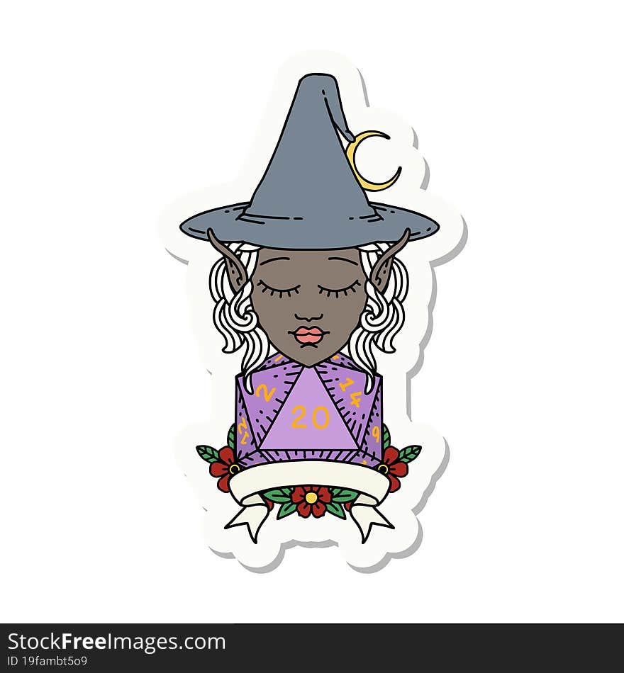 sticker of a elf mage character with natural twenty dice roll. sticker of a elf mage character with natural twenty dice roll