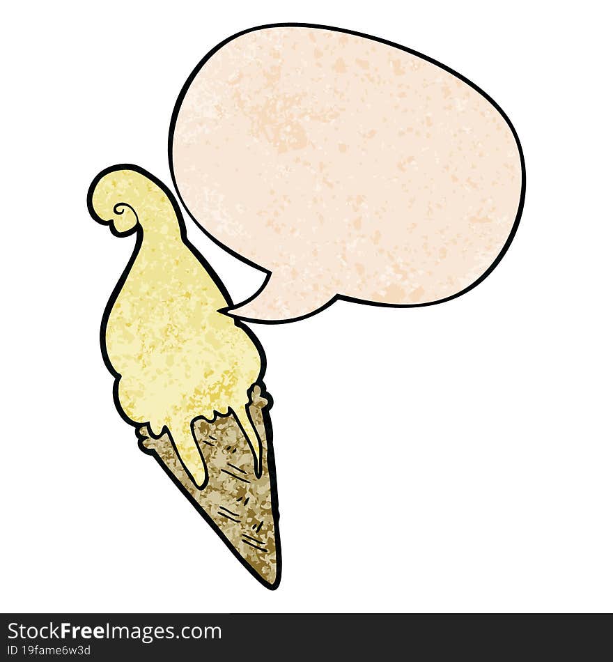 cartoon ice cream and speech bubble in retro texture style