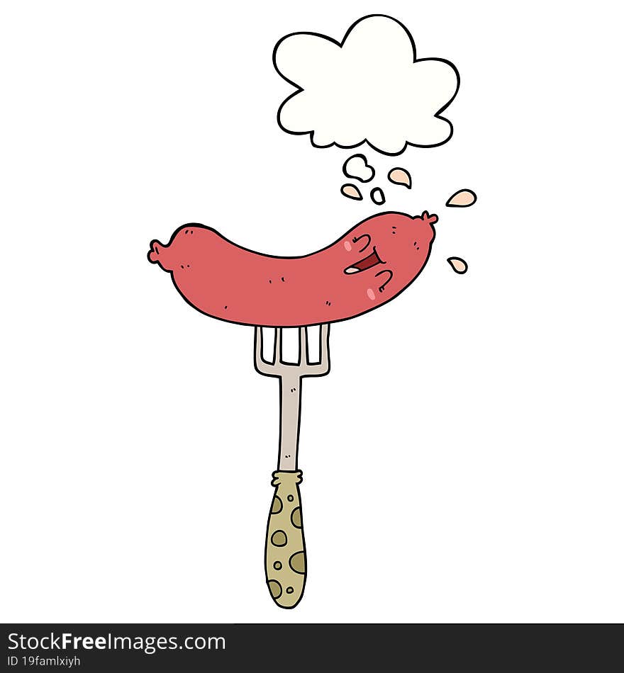 cartoon happy sausage on fork and thought bubble