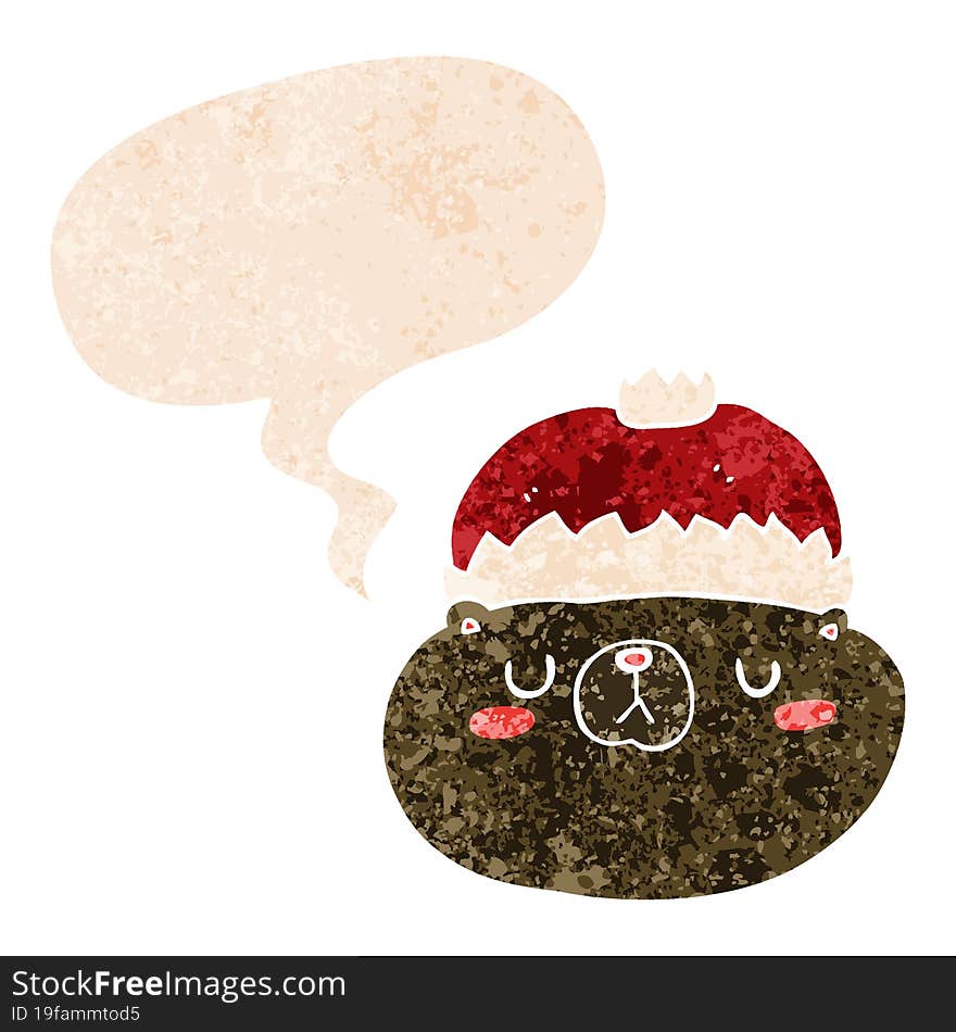 cartoon christmas bear and speech bubble in retro textured style