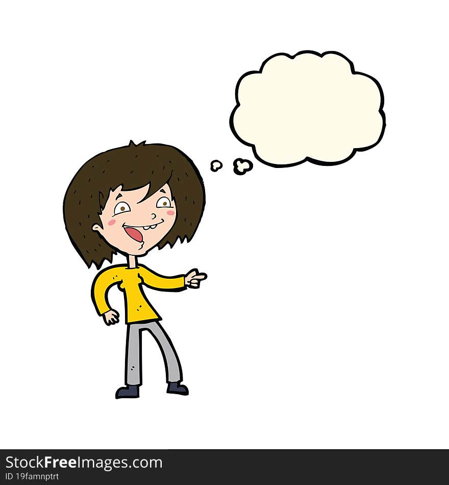 cartoon woman laughing and pointing with thought bubble