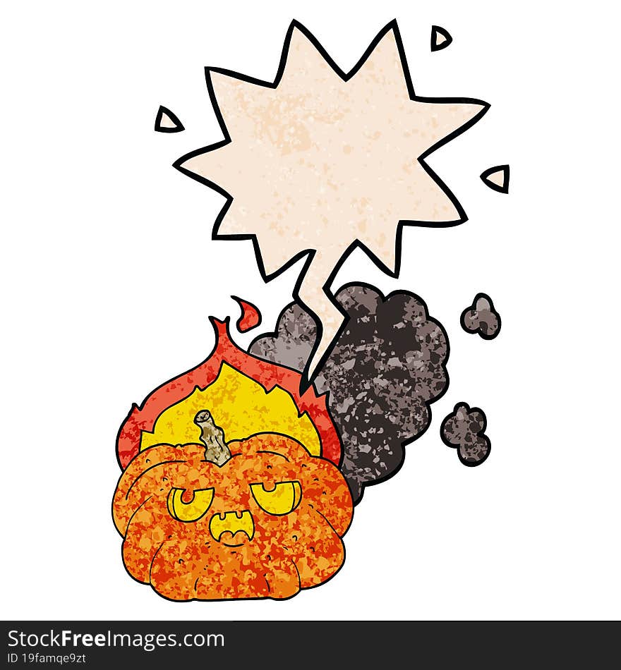 Cartoon Flaming Halloween Pumpkin And Speech Bubble In Retro Texture Style