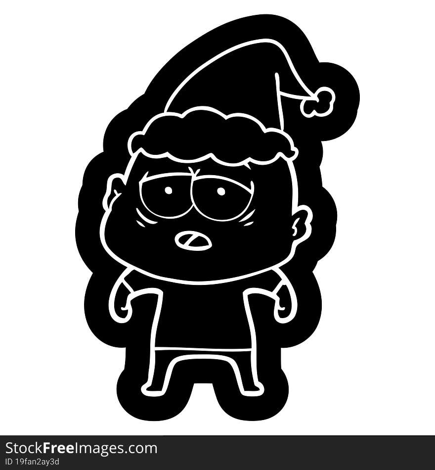 cartoon icon of a tired bald man wearing santa hat