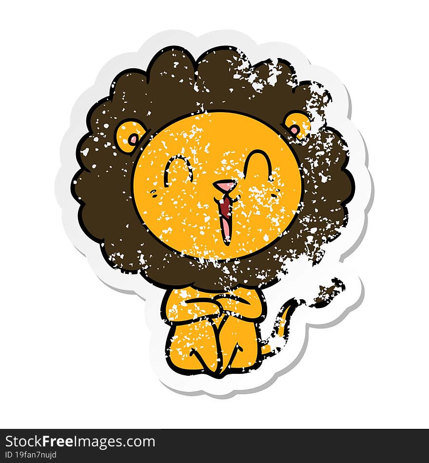 distressed sticker of a laughing lion cartoon