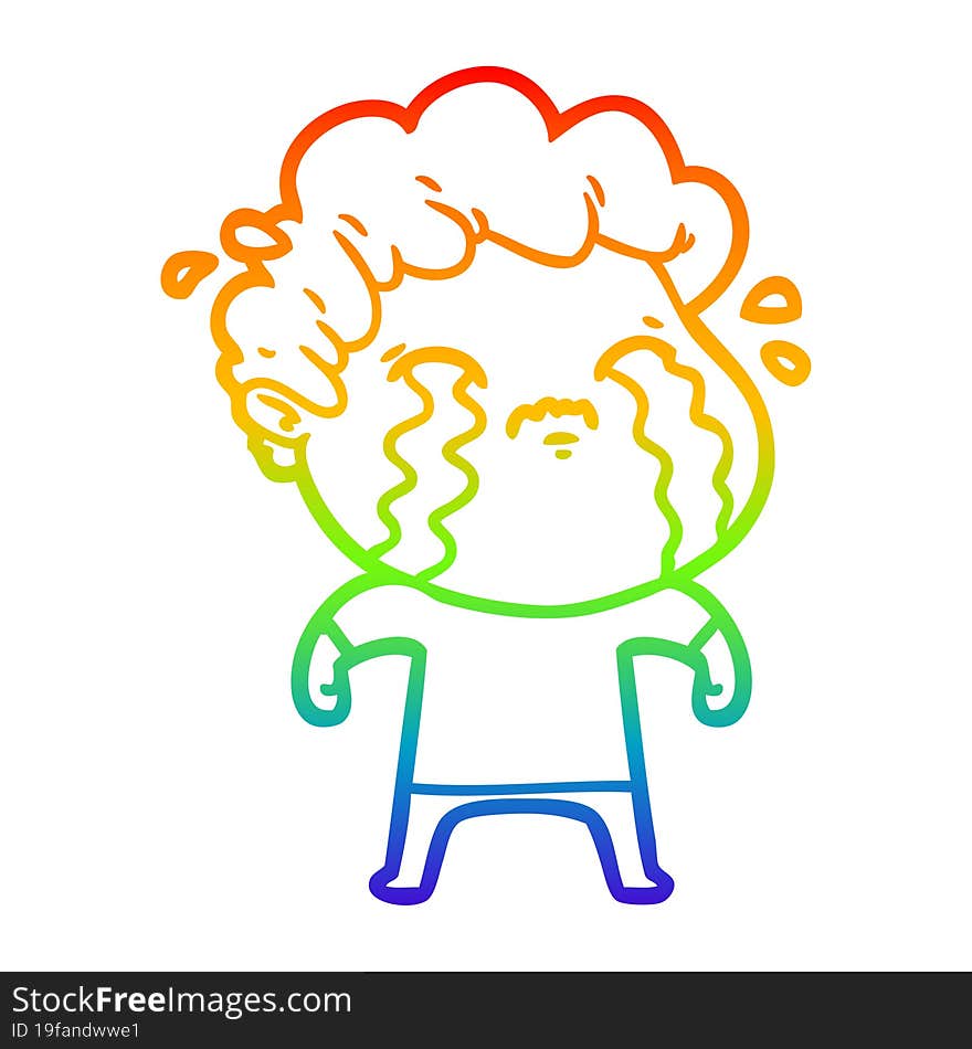 rainbow gradient line drawing of a cartoon man crying