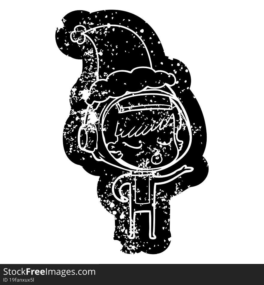 cartoon distressed icon of a pretty astronaut girl wearing santa hat