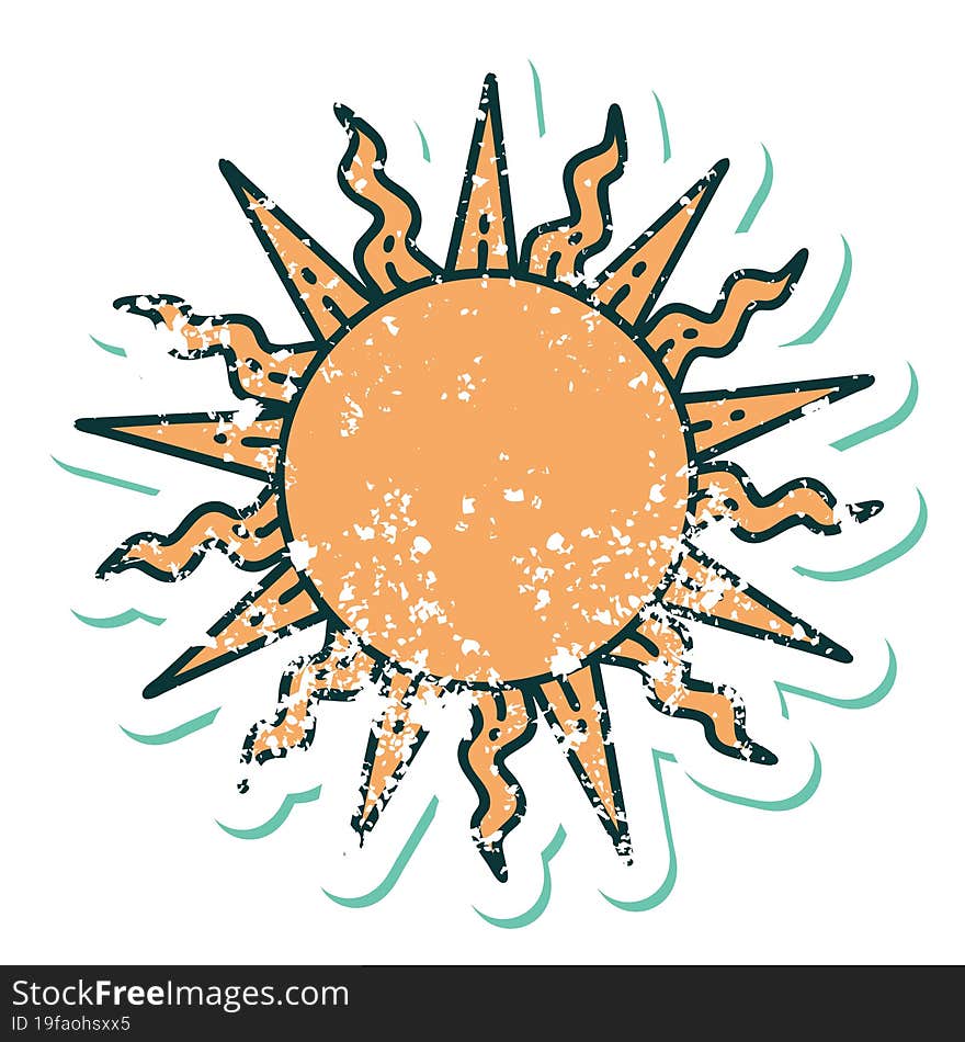 distressed sticker tattoo style icon of a sun