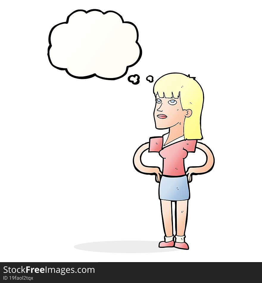 cartoon woman with hands on hips with thought bubble