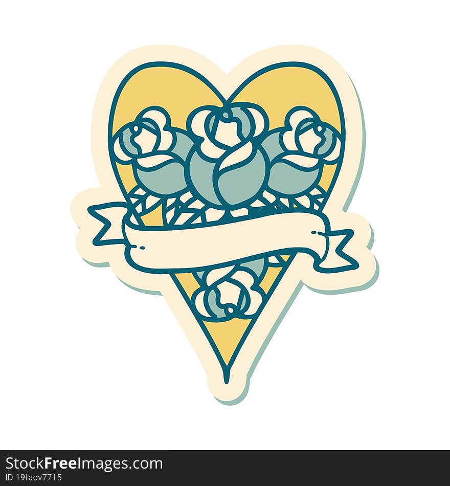 sticker of tattoo in traditional style of a heart and banner with flowers. sticker of tattoo in traditional style of a heart and banner with flowers