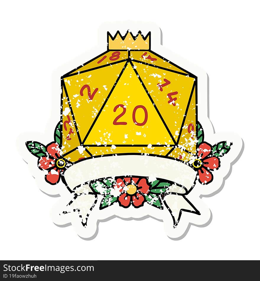 Natural 20 Critical Hit D20 Dice Roll Grunge Sticker