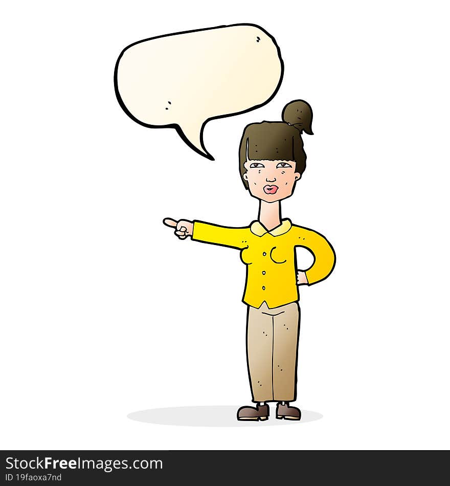 cartoon woman pointing with speech bubble