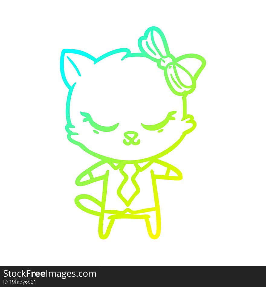 cold gradient line drawing of a cute cartoon business cat with bow